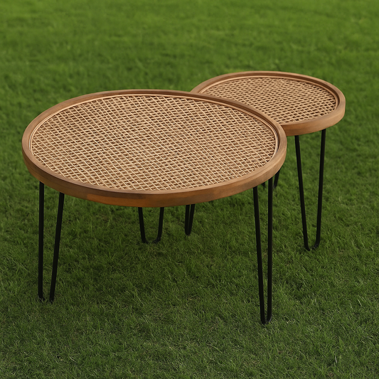 Handmade Rattan Round Side Tables (Pair) β Natural Cane Top with Hairpin Legs