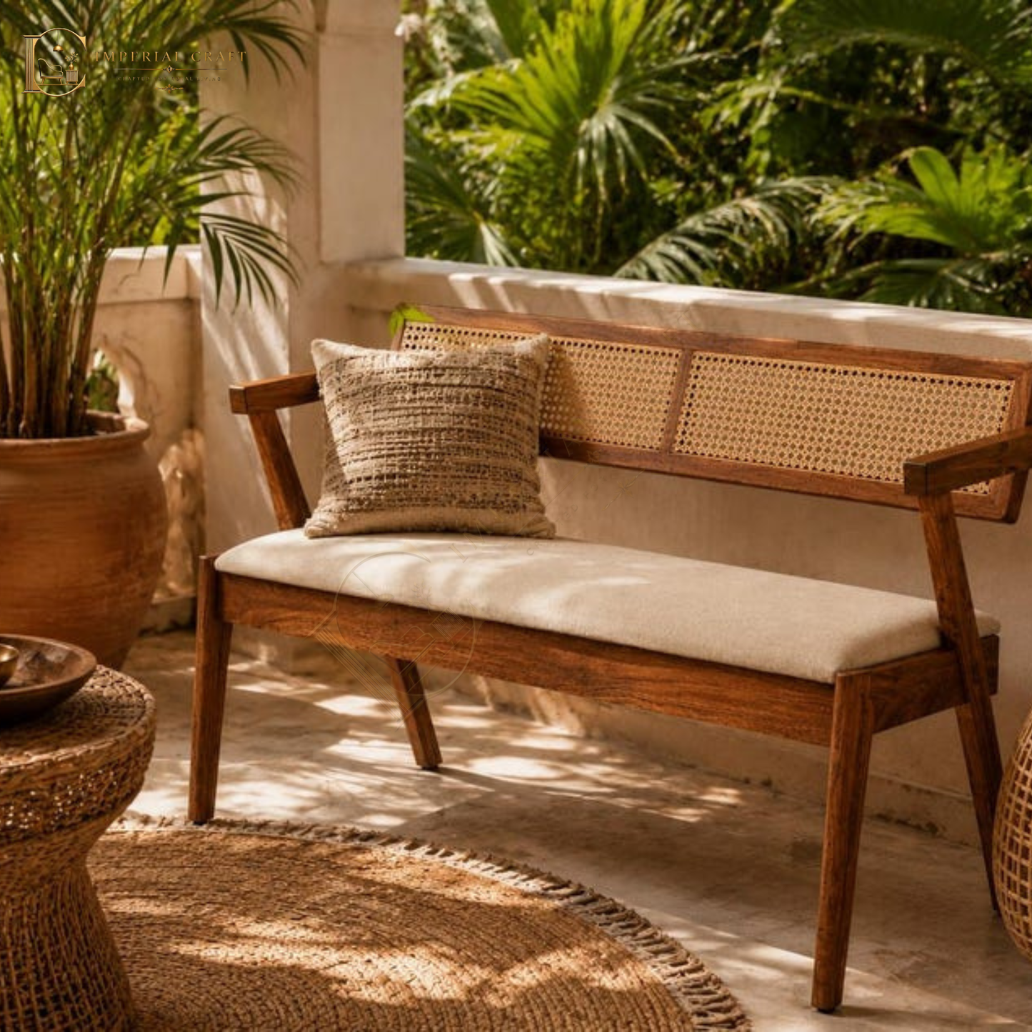 Solid Wood Bench with Cane Back