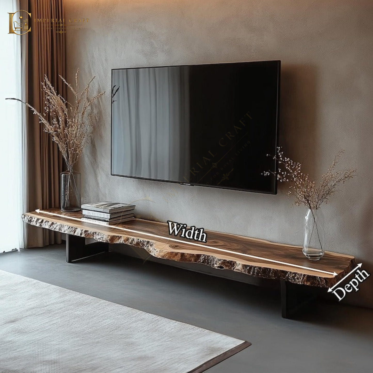 Rustic Live Edge TV Stand – Solid Sheesham Wood Floating Console Shelf – Handmade Natural Media Cabinet & Wooden TV Bench