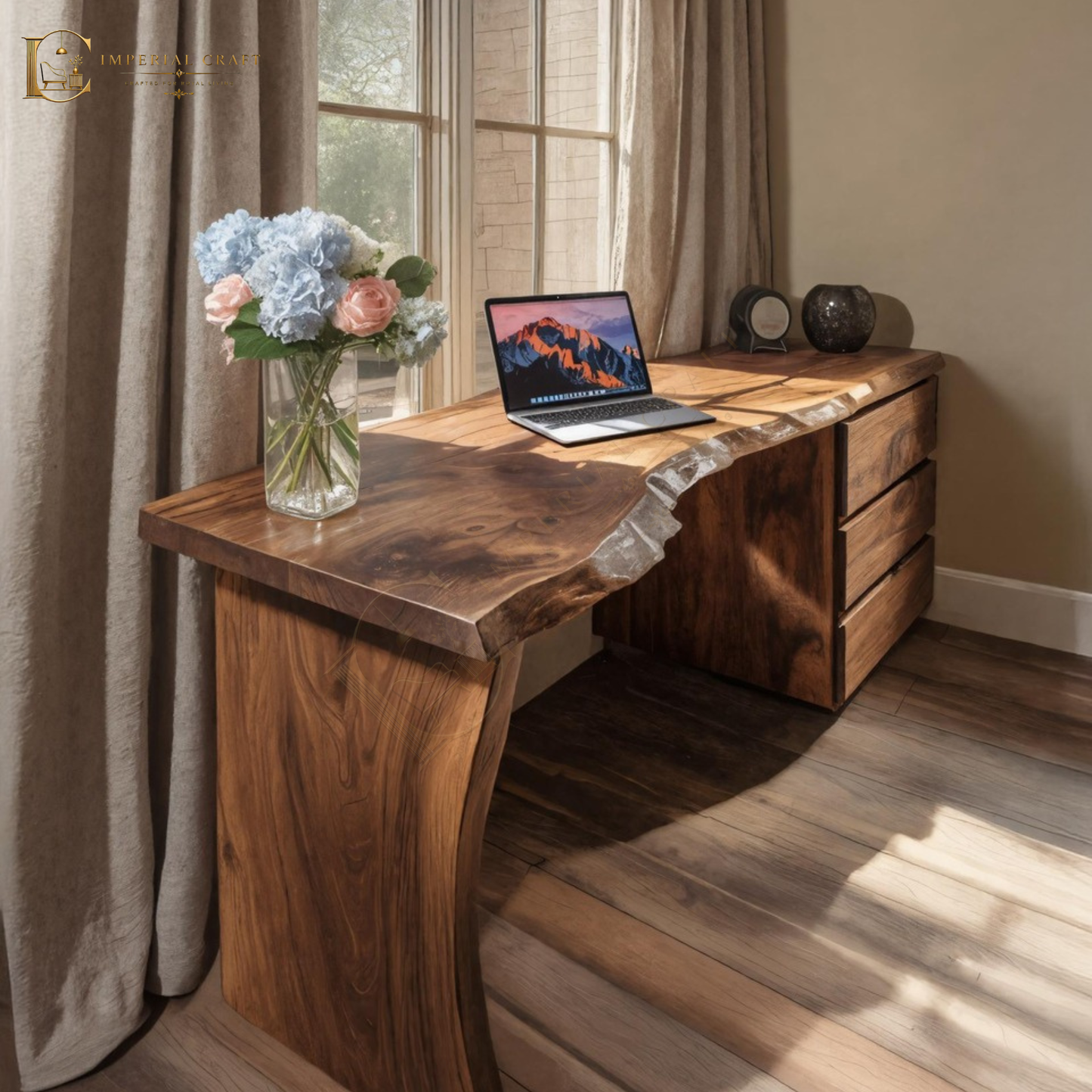 Modern Live Edge Desk With Storage Drawers For Study Room