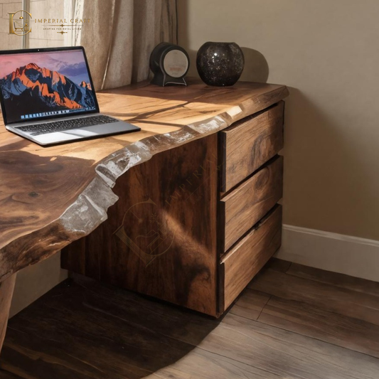 Modern Live Edge Desk With Storage Drawers For Study Room