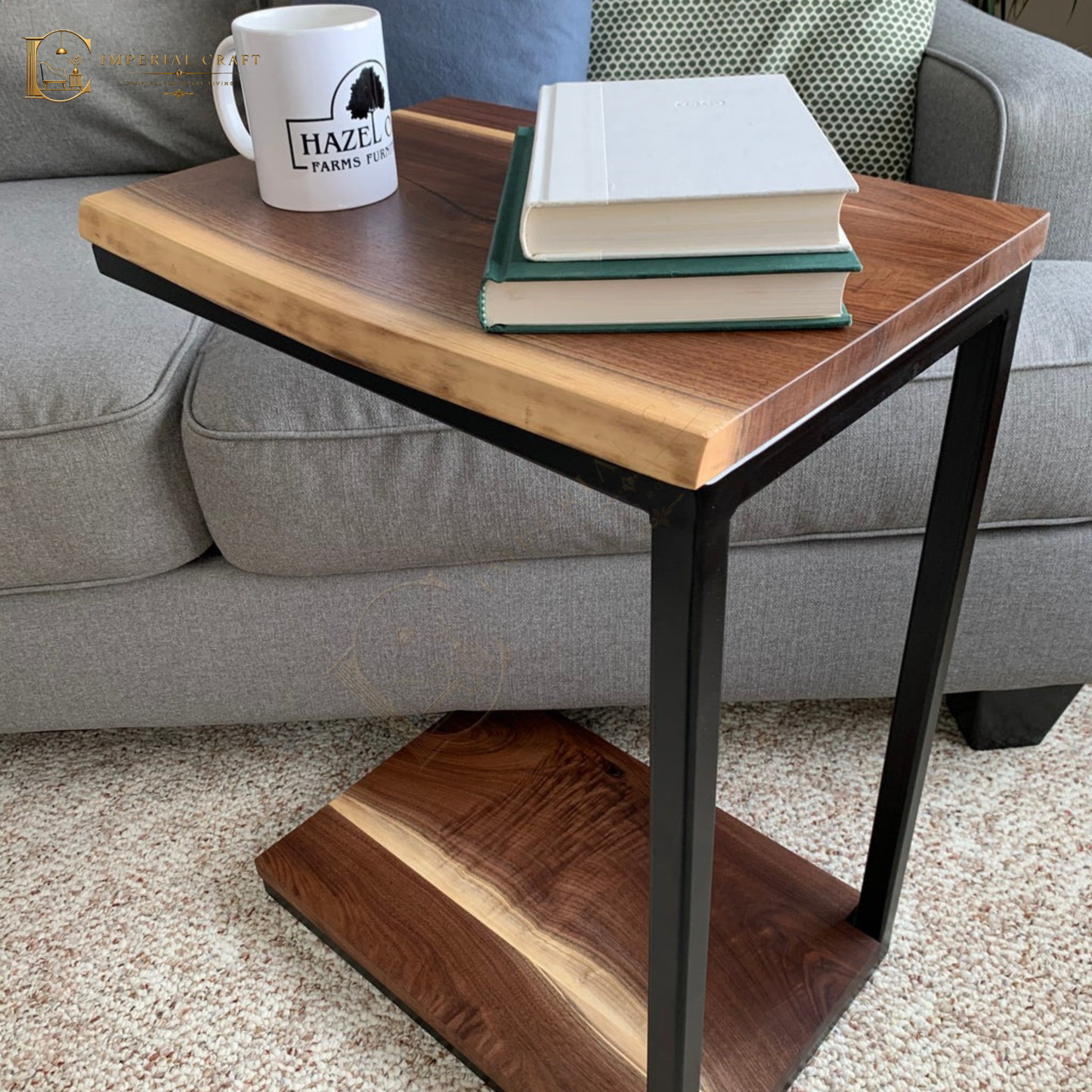 Floor Shelf Live Edge Sheesham Wood C Table – Solid Wood Sofa Side Table with Storage