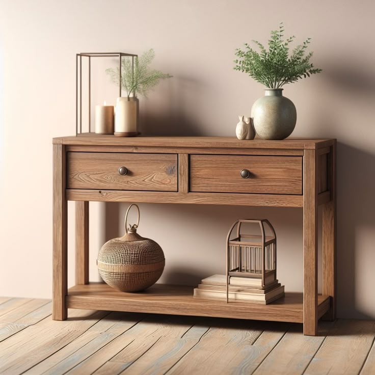 Solid Wood Console Table with Storage Drawers