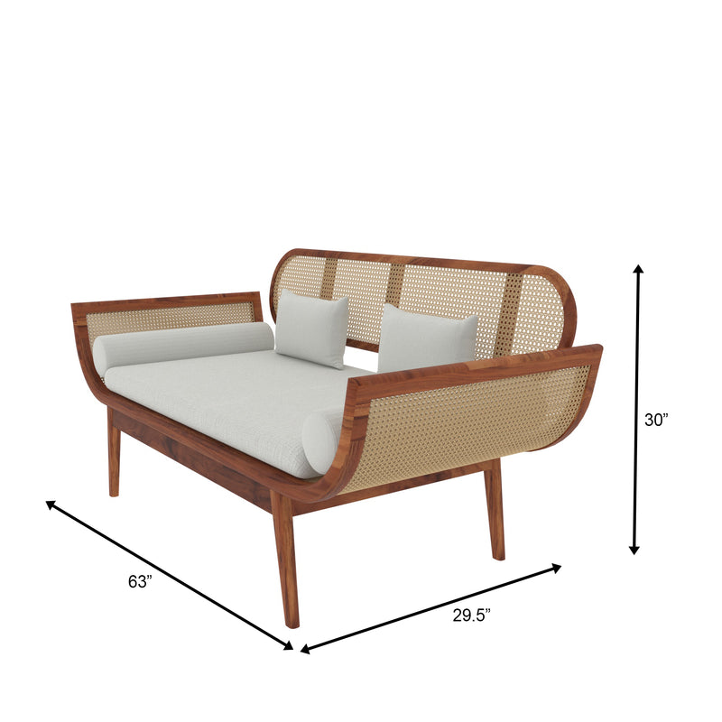 Wooden Rattan Daybed with White Cushions | Handmade Cane Daybed Sofa