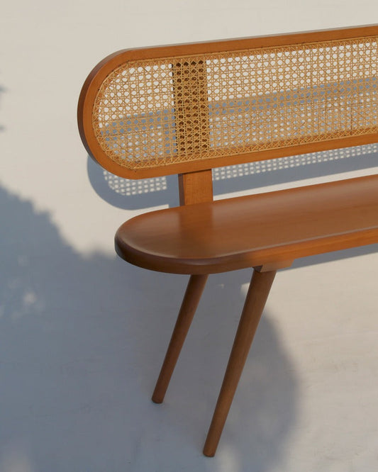 Handcrafted Wooden Bench with Woven Rattan Seat β Stylish & Versatile Seating