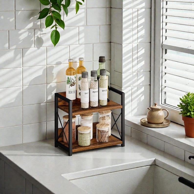 2-Tier Countertop Spice Rack, Rustic Wood Kitchen Shelf