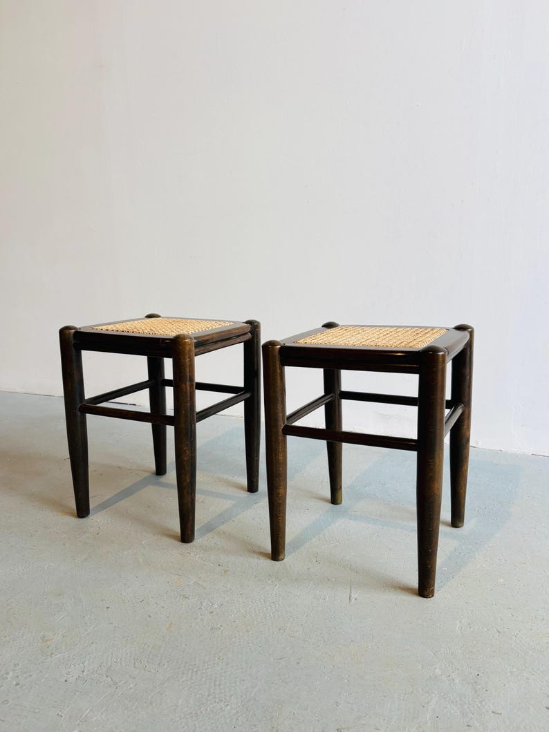 Solid Wood Rattan Stool – Handcrafted Cane Woven Wooden Stool for Living Room & Bedroom