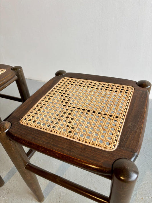Solid Wood Rattan Stool – Handcrafted Cane Woven Wooden Stool for Living Room & Bedroom