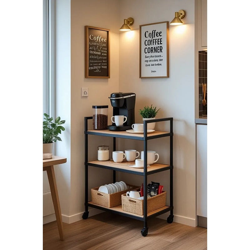 Solid Sheesham Wood Coffee Cart with Rolling Storage