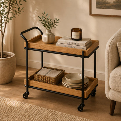 Rustic Rover 2-Step Sheesham Wood Tea Trolley – Solid Wood Rolling Serving Cart