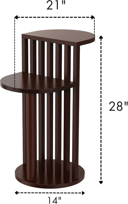 Mid Century Modern Side Table, Dark Wood Round End Table with 2 Shelves for Living Room