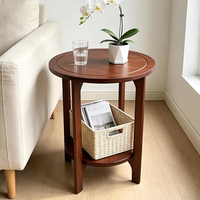 Black Solid Wood Round Side Table for Living Room
