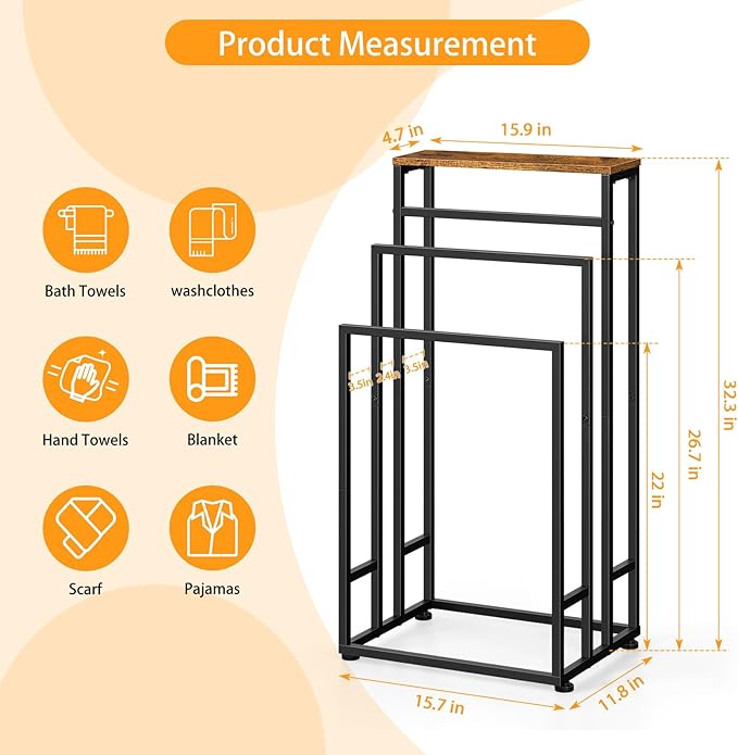 Freestanding 3-Tier Towel Rack – Metal Towel Stand with Wooden Shelf