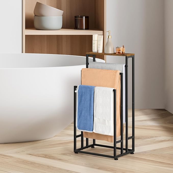 Freestanding 3-Tier Towel Rack – Metal Towel Stand with Wooden Shelf