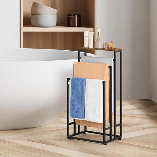 Freestanding 3-Tier Towel Rack – Metal Towel Stand with Wooden Shelf