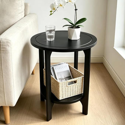 Black Solid Wood Round Side Table for Living Room