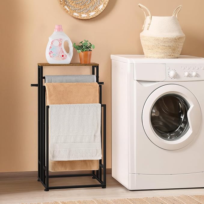 Freestanding 3-Tier Towel Rack – Metal Towel Stand with Wooden Shelf