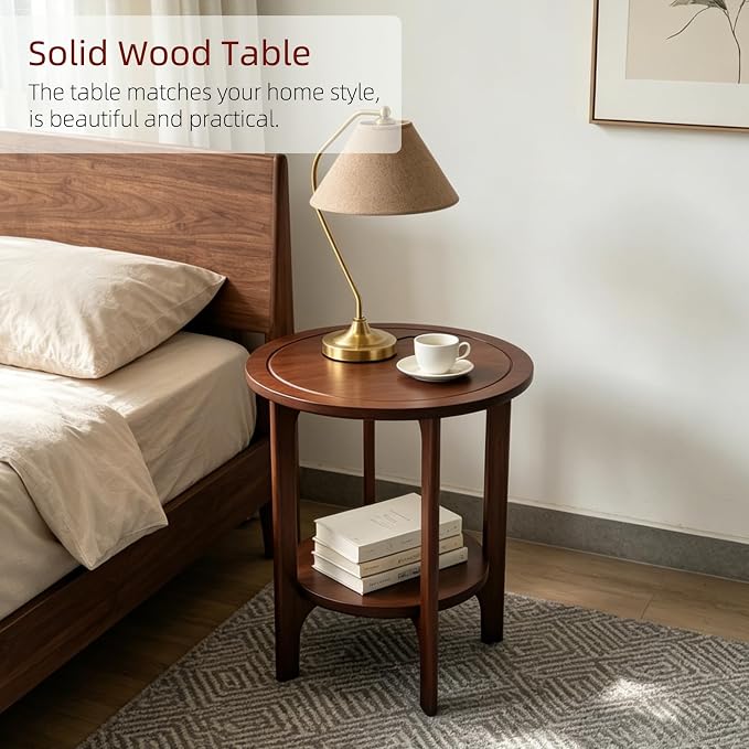 Black Solid Wood Round Side Table for Living Room