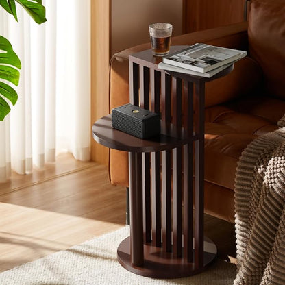 Mid Century Modern Side Table, Dark Wood Round End Table with 2 Shelves for Living Room