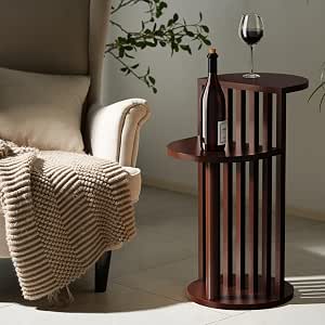 Mid Century Modern Side Table, Dark Wood Round End Table with 2 Shelves for Living Room