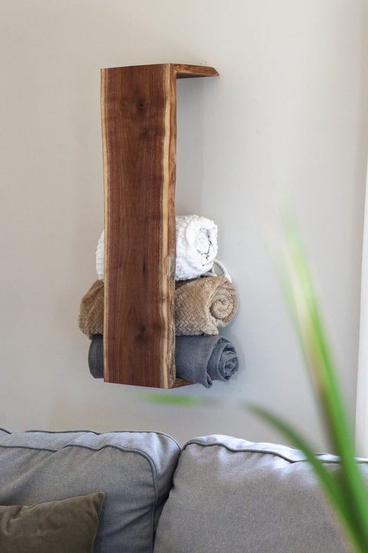 Live Edge Sheesham Waterfall Shelf – Handmade Solid Wood Towel Shelf & Wall Display