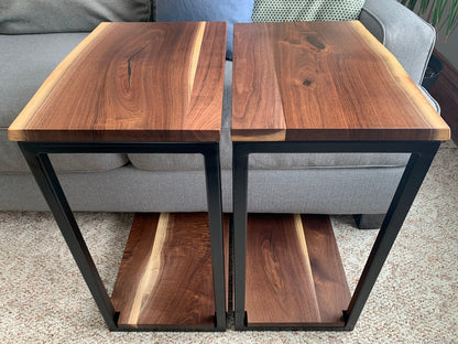 Floor Shelf Live Edge Sheesham Wood C Table – Solid Wood Sofa Side Table with Storage