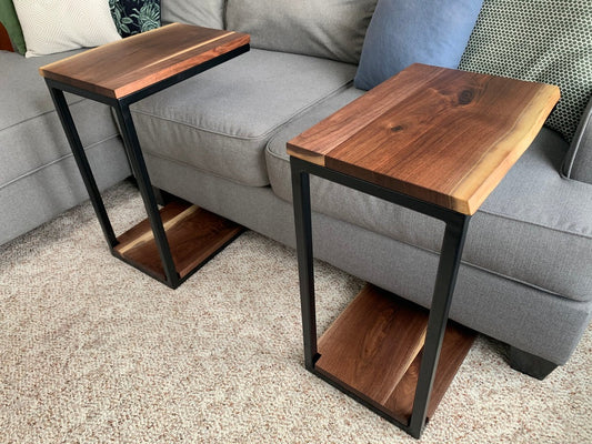 Floor Shelf Live Edge Sheesham Wood C Table – Solid Wood Sofa Side Table with Storage