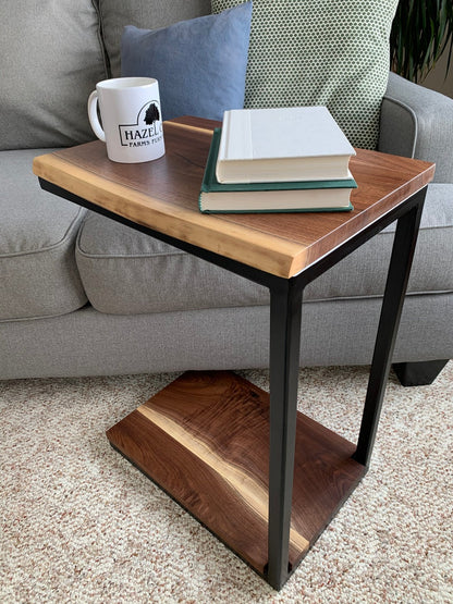 Floor Shelf Live Edge Sheesham Wood C Table – Solid Wood Sofa Side Table with Storage
