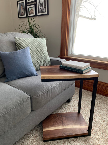 Floor Shelf Live Edge Sheesham Wood C Table – Solid Wood Sofa Side Table with Storage
