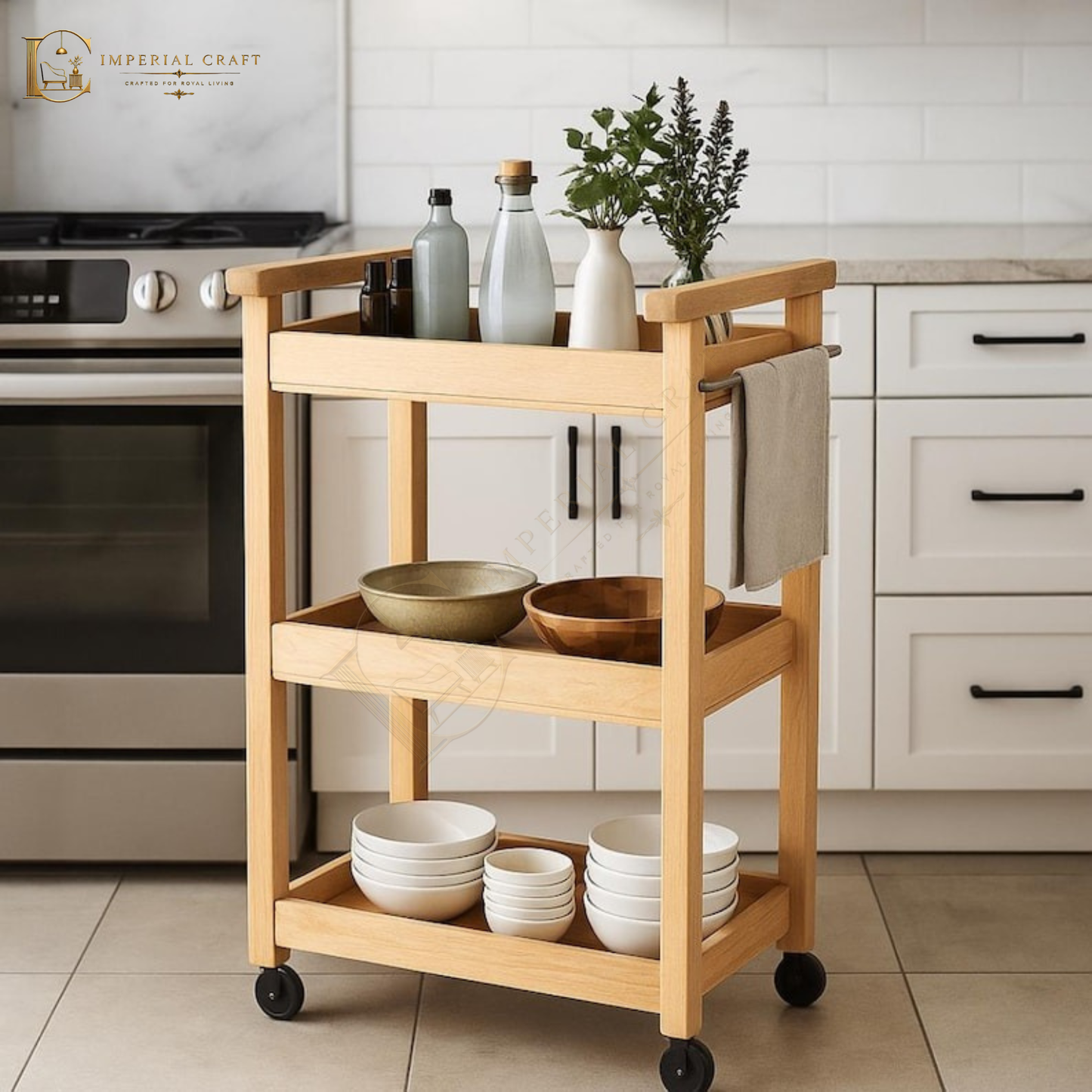 Slim Kitchen Rolling Cart – Three-Shelf Wooden Trolley with Metal Frame & Towel Bar