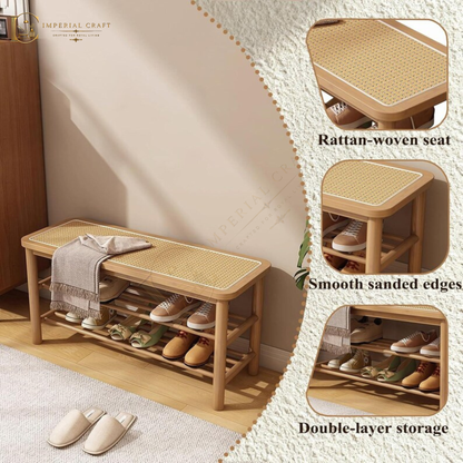 Rattan Shoe Rack Bench, 3 Tier Shoe Storage Bench