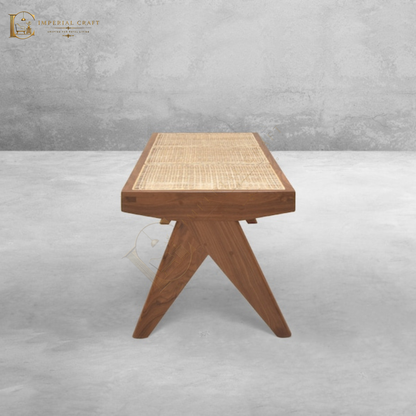 Solid Wood with Rattan Caning Stool – Handcrafted Cane Accent Stool for Home Décor
