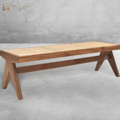 Solid Wood with Rattan Caning Stool – Handcrafted Cane Accent Stool for Home Décor
