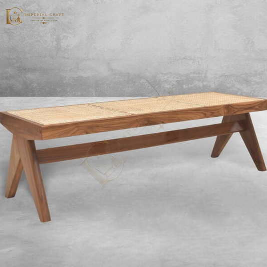 Solid Wood with Rattan Caning Stool – Handcrafted Cane Accent Stool for Home Décor