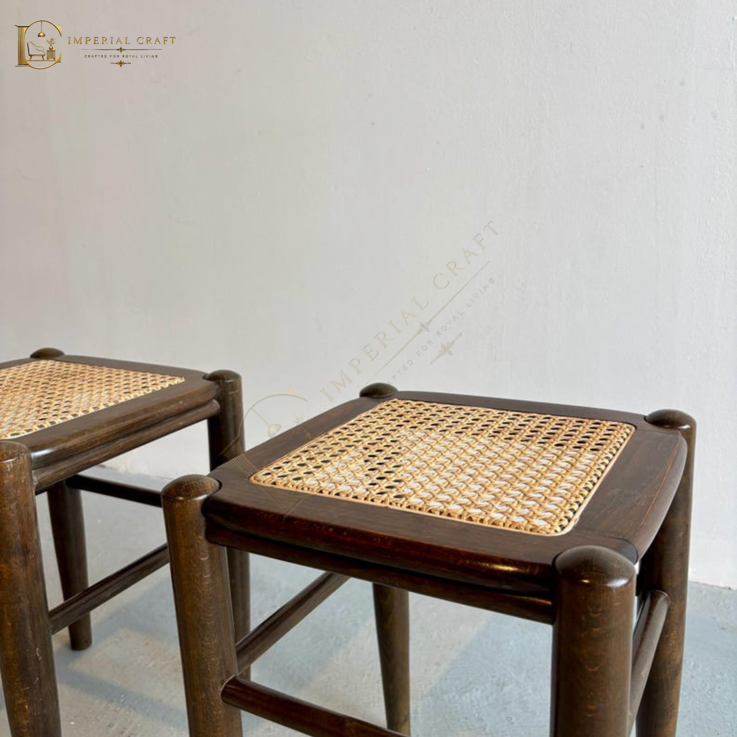 Solid Wood Rattan Stool – Handcrafted Cane Woven Wooden Stool for Living Room & Bedroom