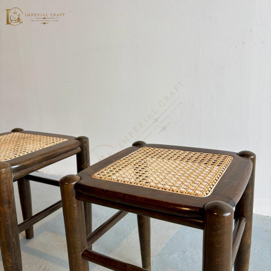 Solid Wood Rattan Stool – Handcrafted Cane Woven Wooden Stool for Living Room & Bedroom