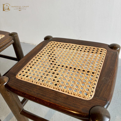 Solid Wood Rattan Stool – Handcrafted Cane Woven Wooden Stool for Living Room & Bedroom