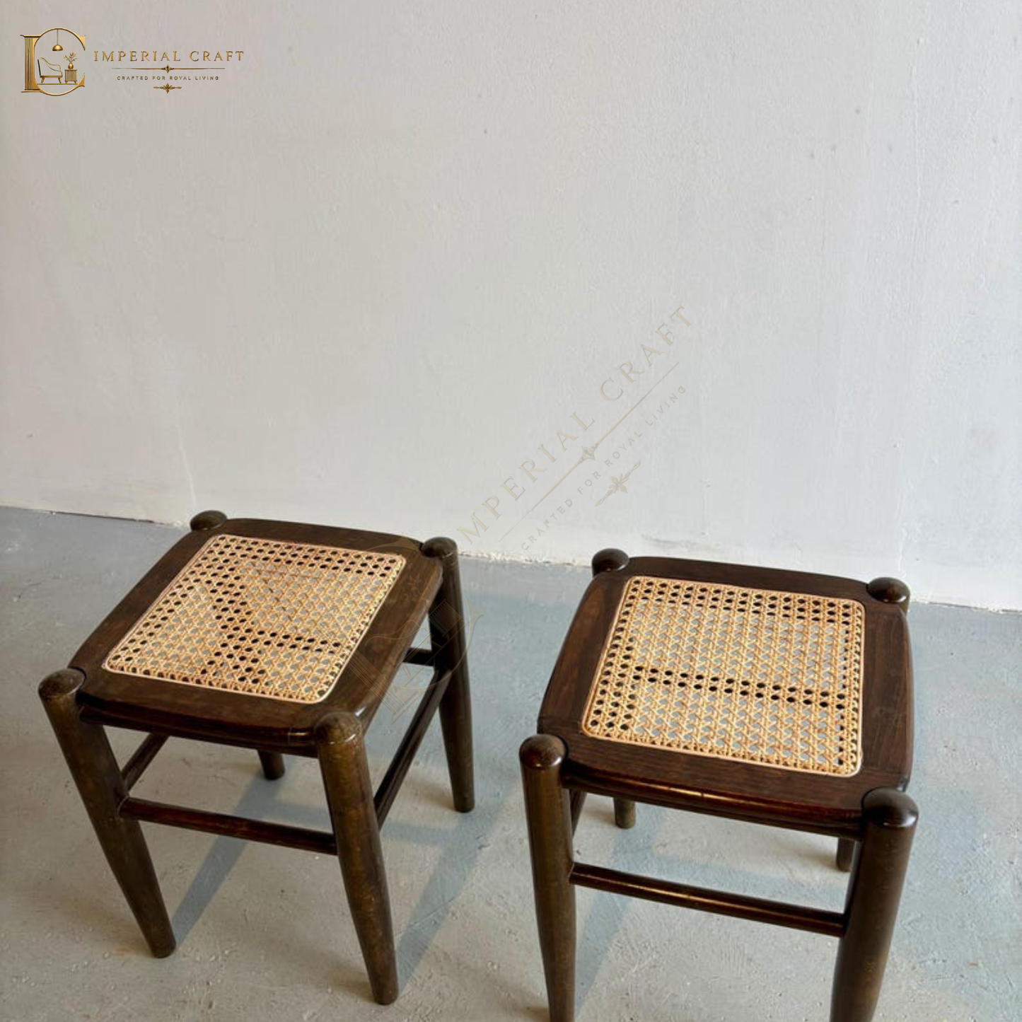Solid Wood Rattan Stool – Handcrafted Cane Woven Wooden Stool for Living Room & Bedroom