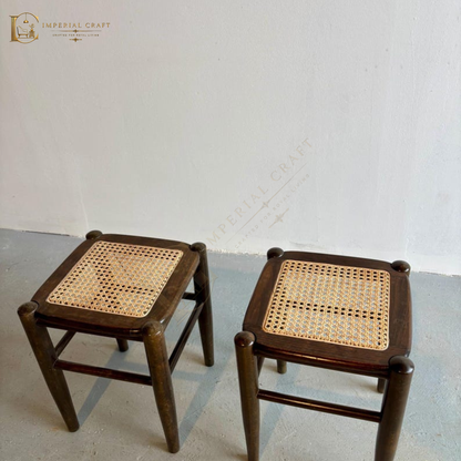 Solid Wood Rattan Stool – Handcrafted Cane Woven Wooden Stool for Living Room & Bedroom