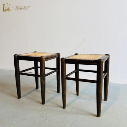 Solid Wood Rattan Stool – Handcrafted Cane Woven Wooden Stool for Living Room & Bedroom