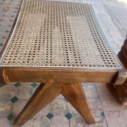 Handmade Cane Woven Stool - Artisanal Rattan Weave Footstool