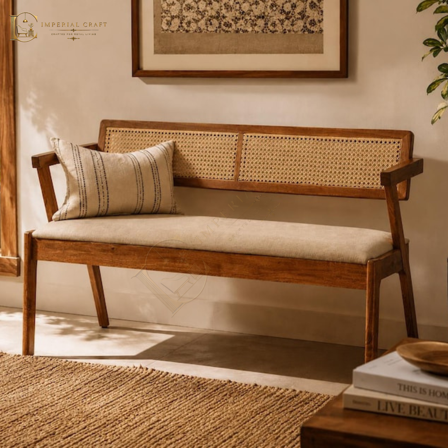 Solid Wood Bench with Cane Back