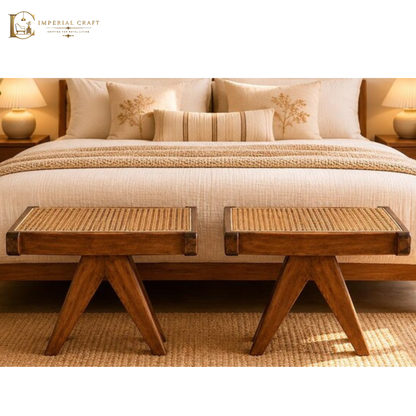 Handmade Cane Woven Stool - Artisanal Rattan Weave Footstool