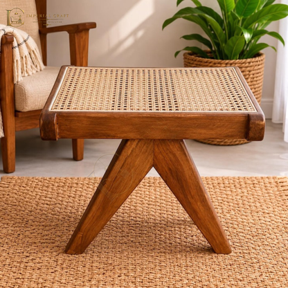 Handmade Cane Woven Stool - Artisanal Rattan Weave Footstool