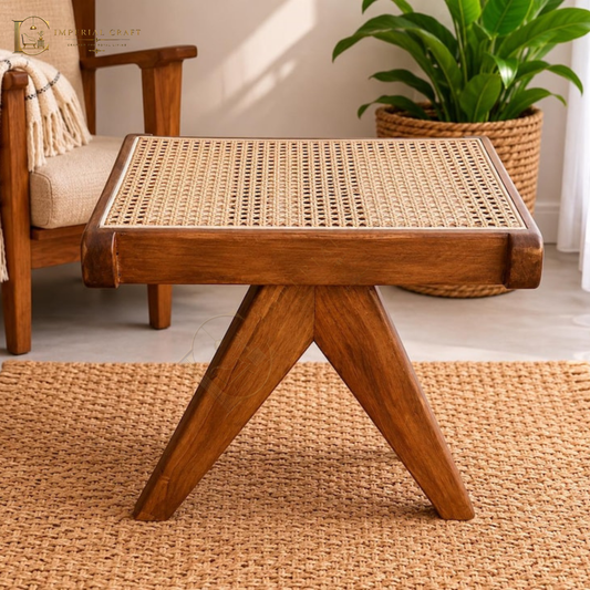 Handmade Cane Woven Stool - Artisanal Rattan Weave Footstool