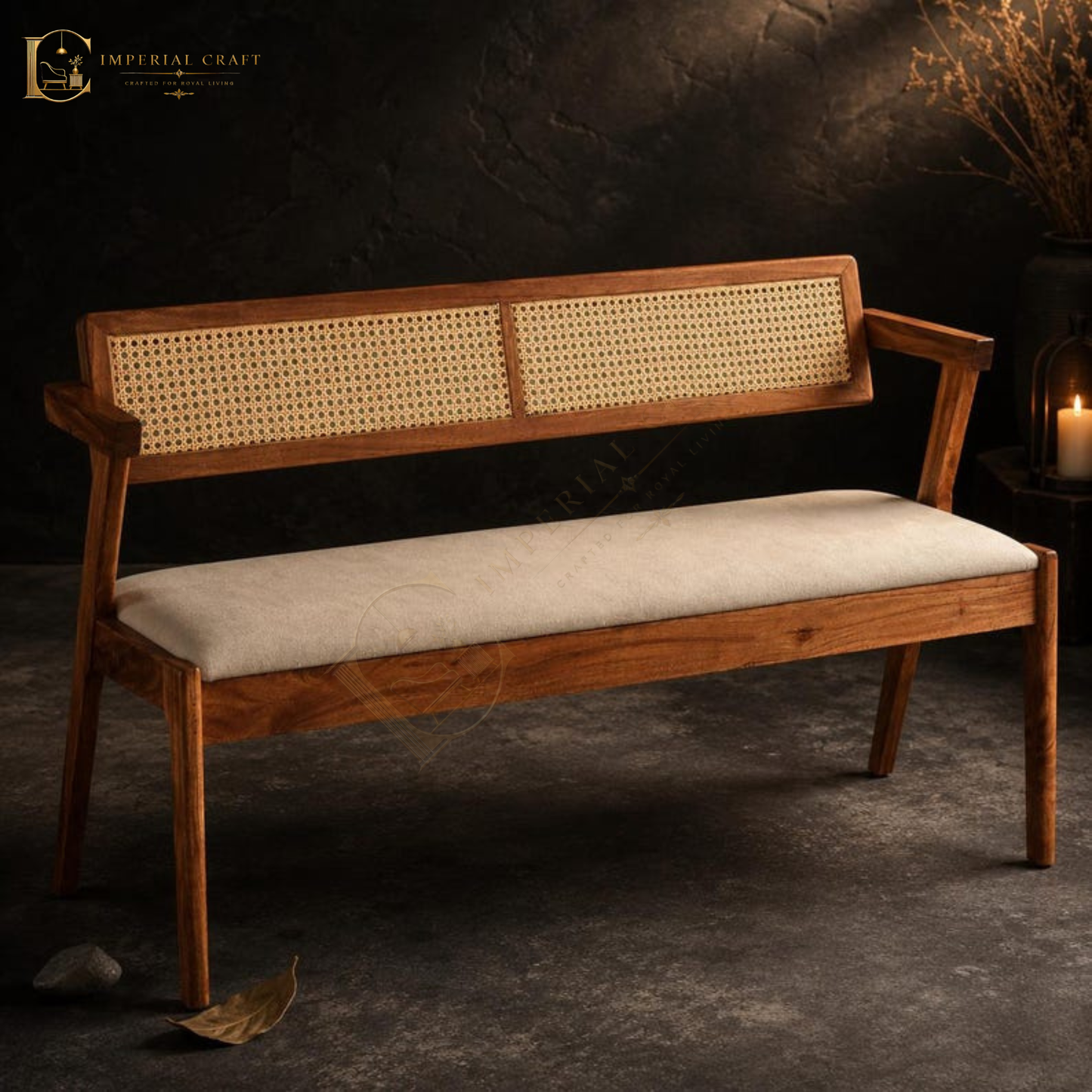 Solid Wood Bench with Cane Back