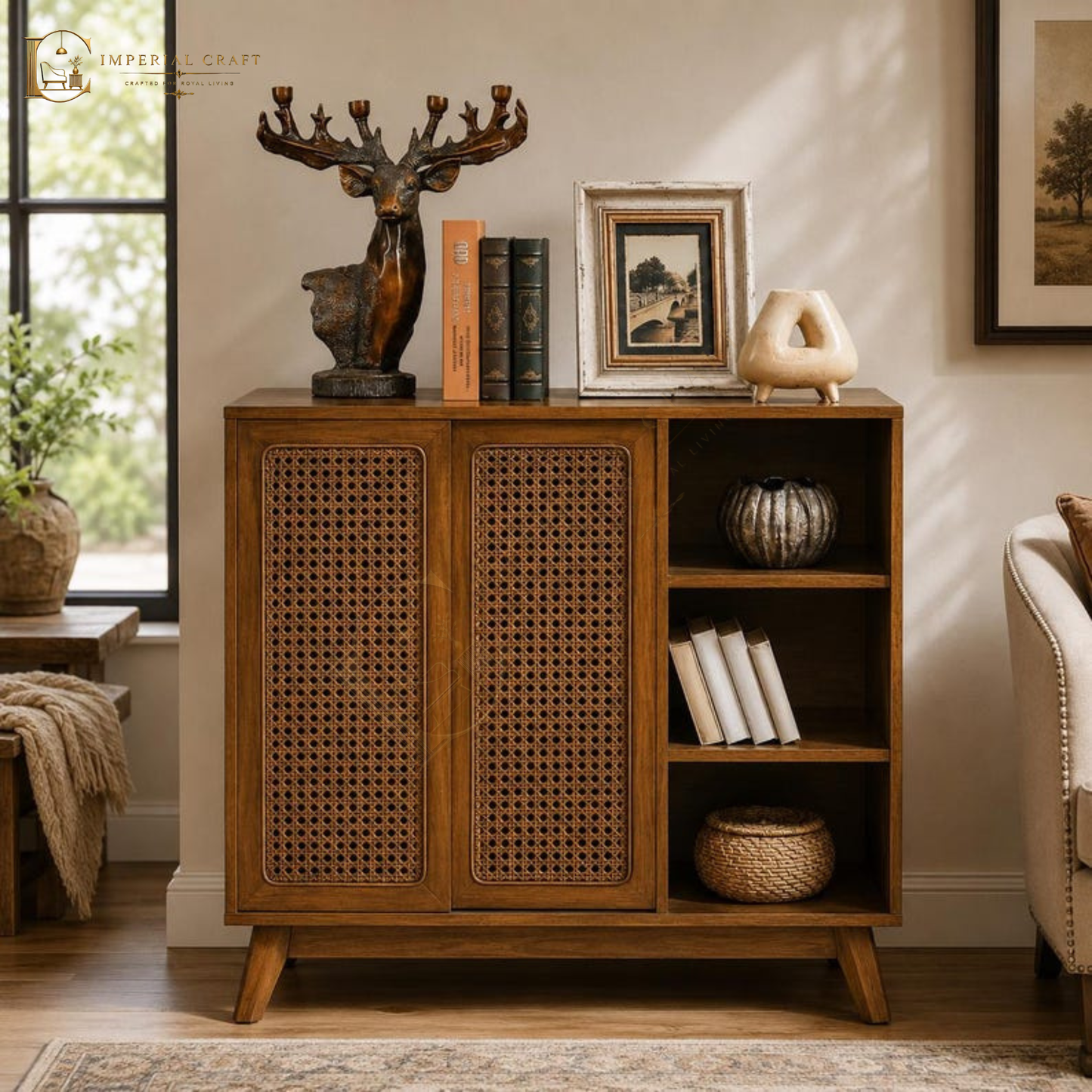 Mid Century Rattan Storage Cabinet Boho Sideboard with Sliding Doors and Shelves