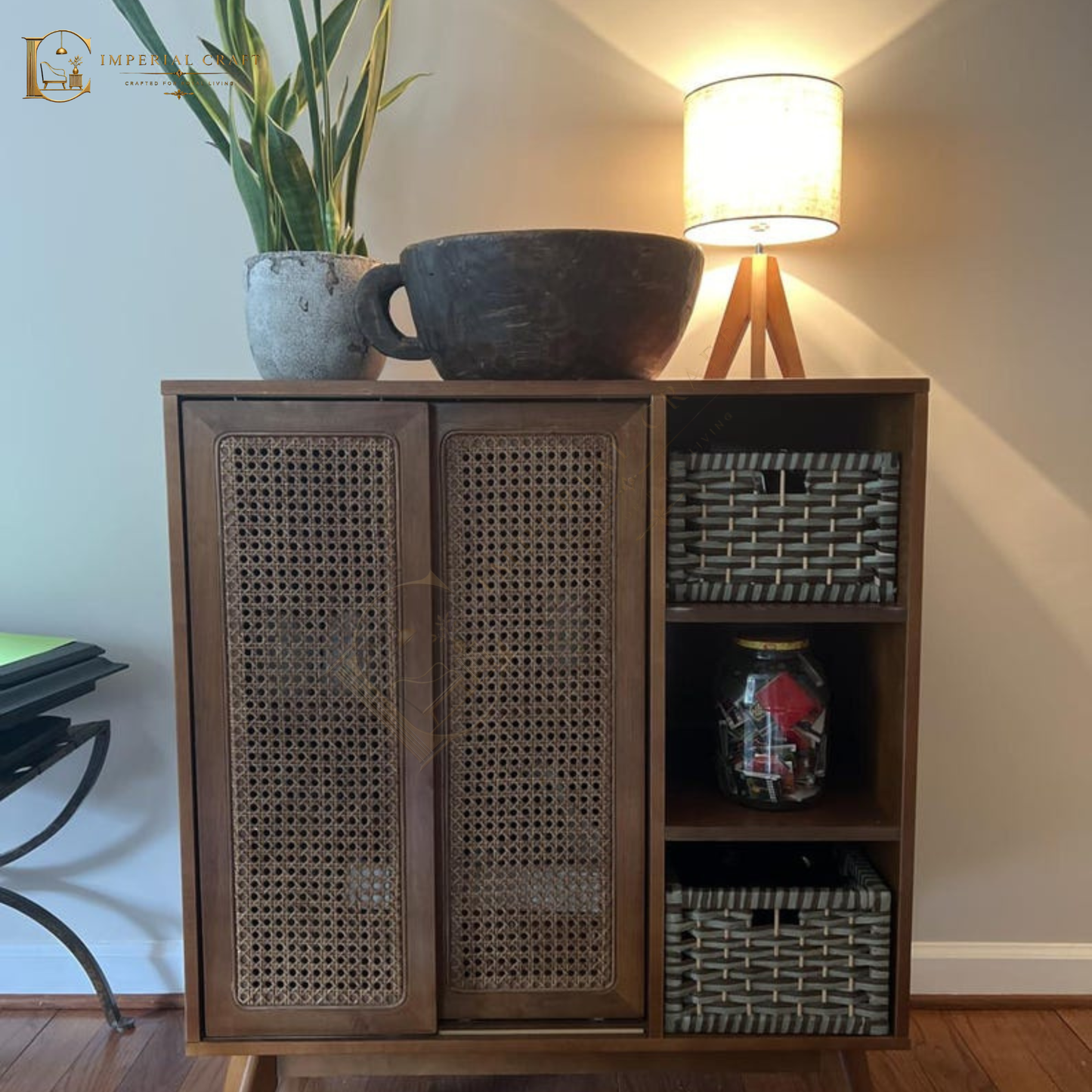 Mid Century Rattan Storage Cabinet Boho Sideboard with Sliding Doors and Shelves