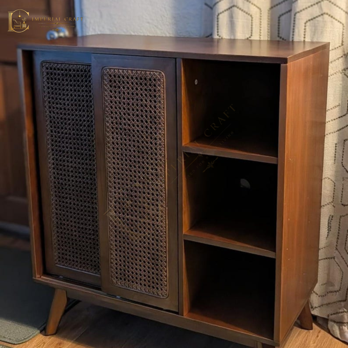Mid Century Rattan Storage Cabinet Boho Sideboard with Sliding Doors and Shelves