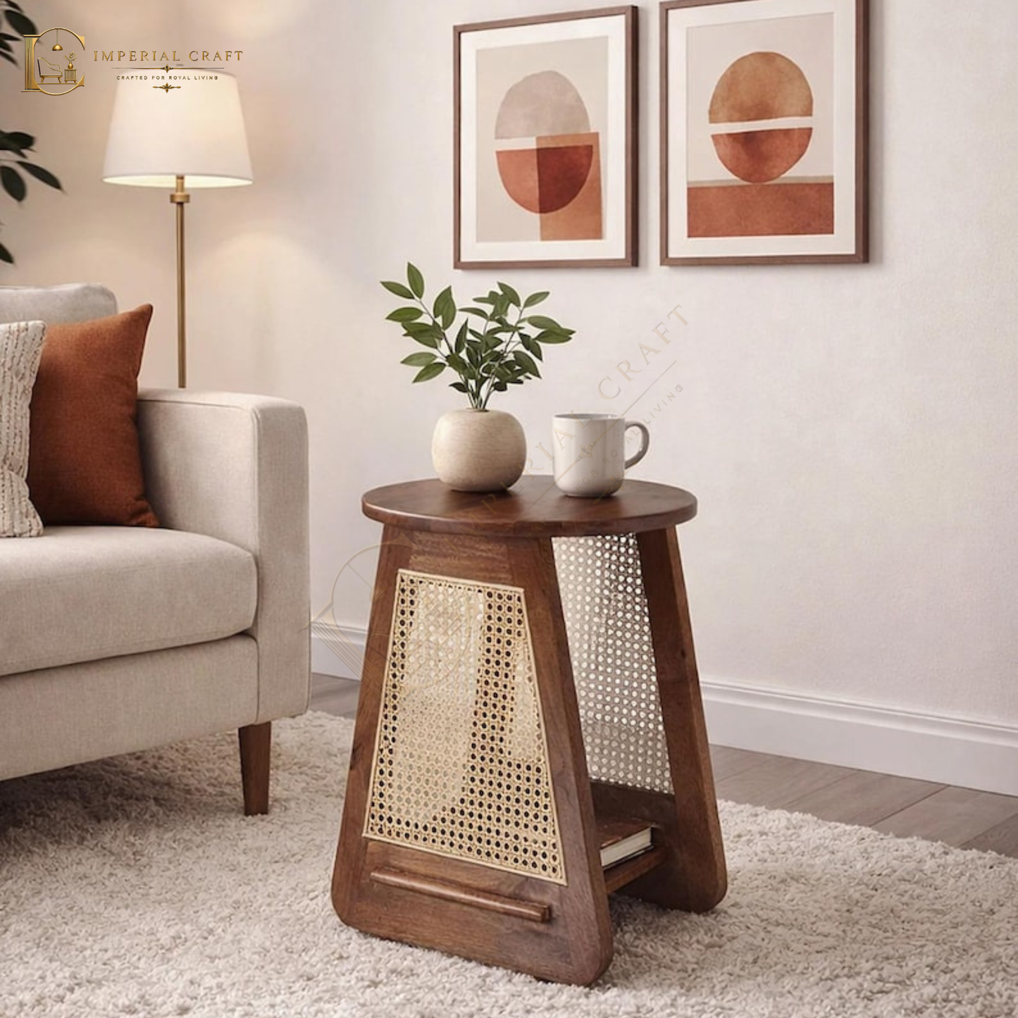 Cane Side Table – Round Top Sheesham Wood & Rattan Handcrafted Accent Table